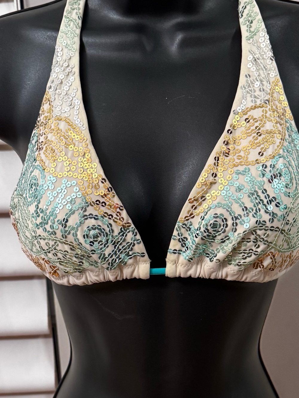 VICTORIAS SECRET Blue & Gold  SEQUIN  BIKINI Top Medium